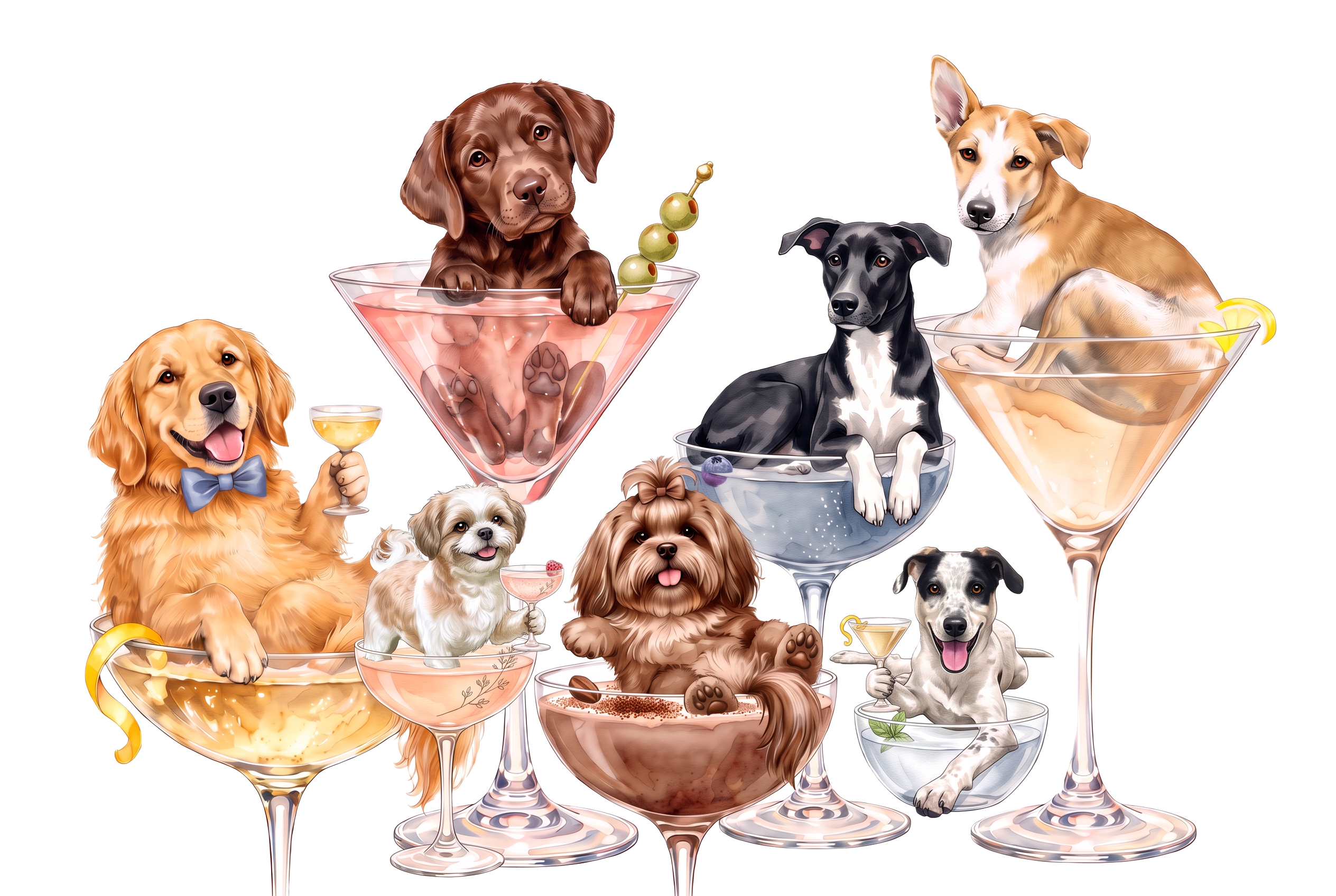 Seven dogs playfully arranged in cocktail glasses: a golden retriever, chocolate Labrador, light chocolate Lhasa Apso, tan-and-white Indi, black-bodied Indi, cream-and-tan Shih Tzu and black-and-white Indi